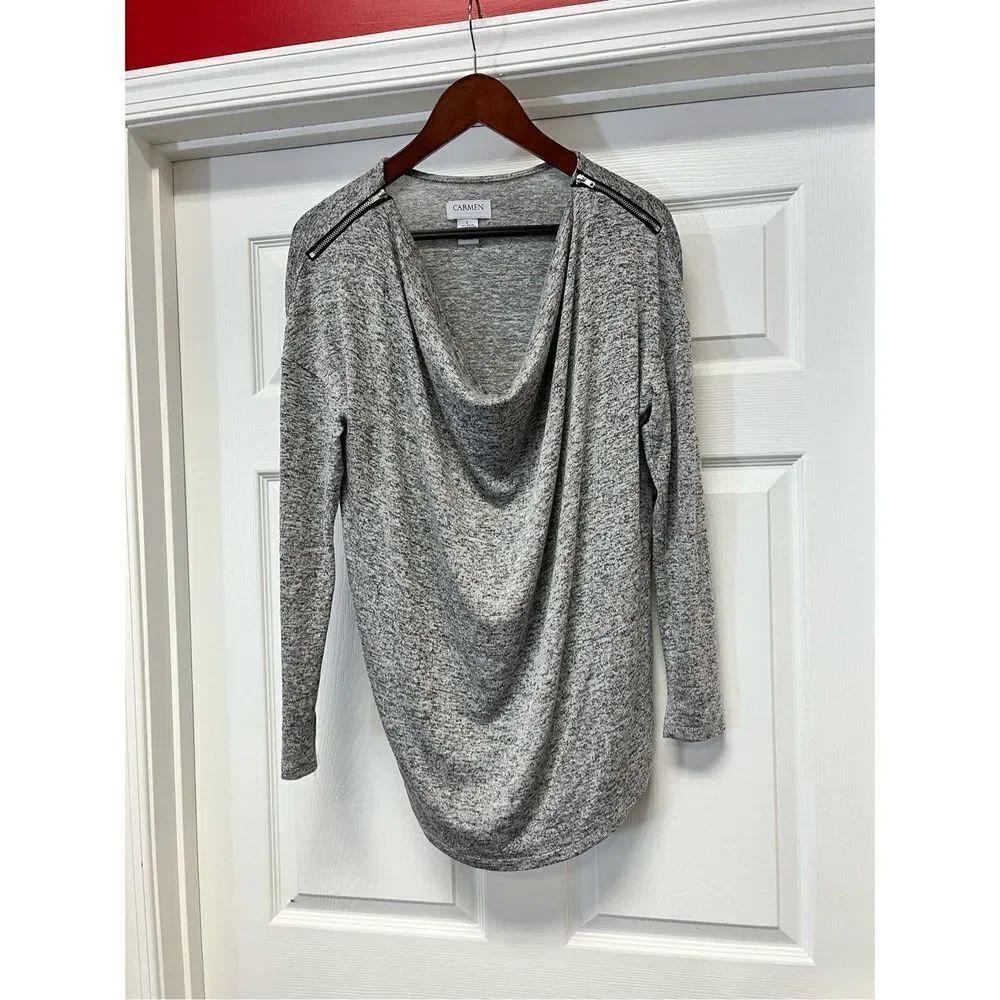 Carmen Marc Valvo Gray Jersey Zipper Shoulder Cowl Neck Top sz L EUC